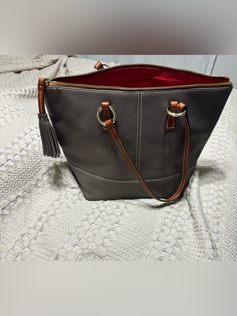 Dooney & Bourke Taupe Leather Tote with Brown Trim and Red Interior